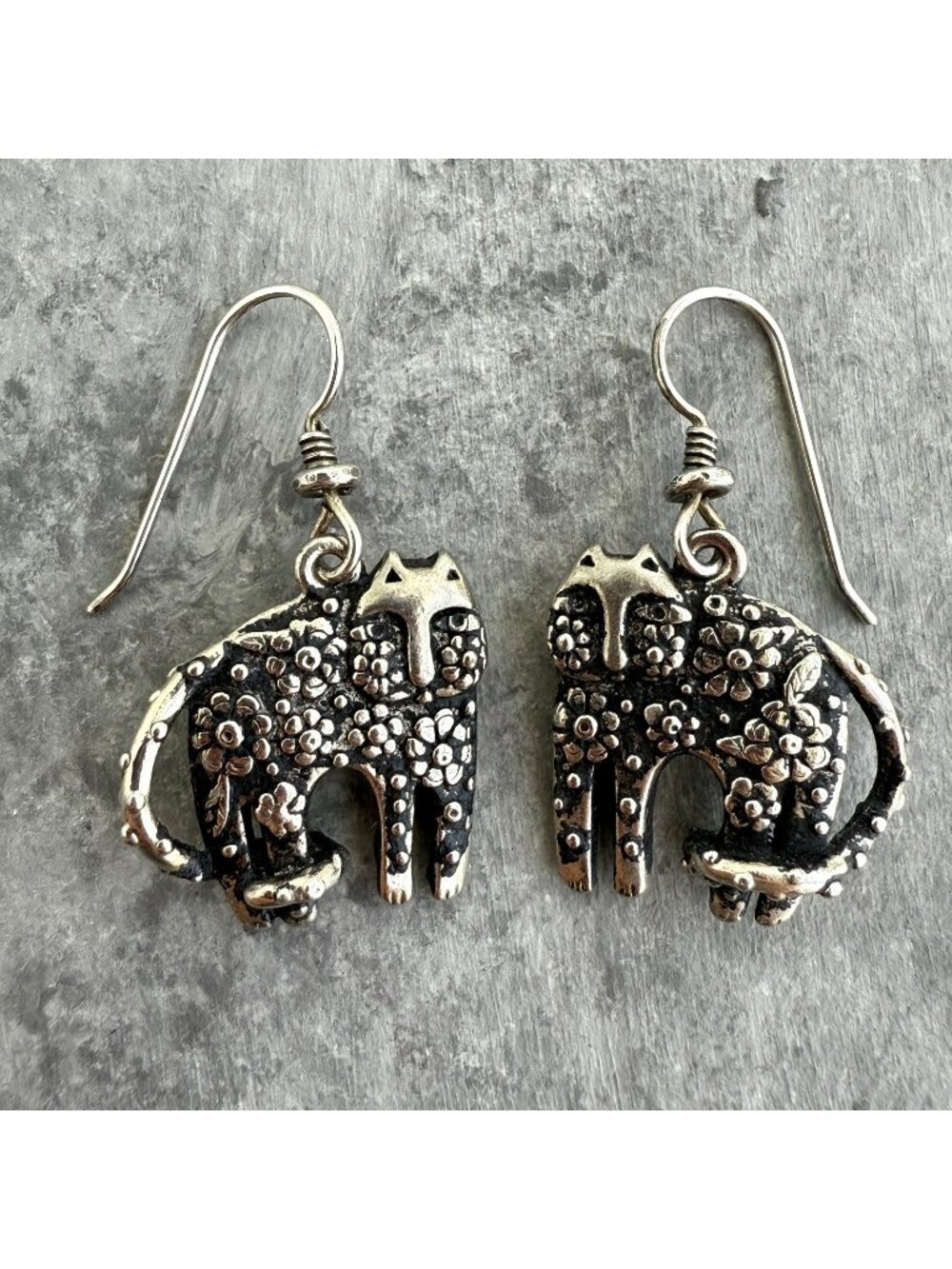 Laurel Burch Flowering Cats Feline Black Silver Tone Dangle Drop Earrings